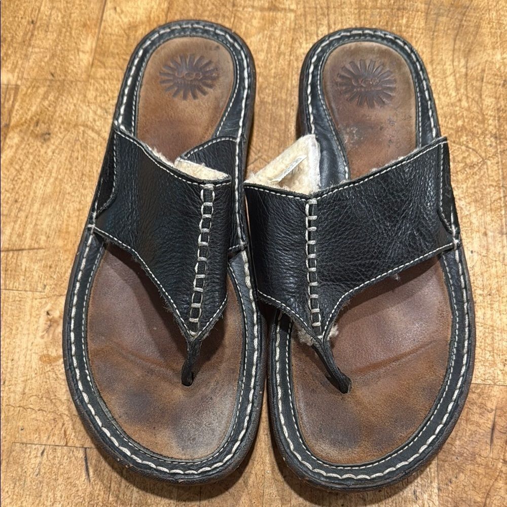 UGG Black and Brown Leather Sandals with Durable Sole